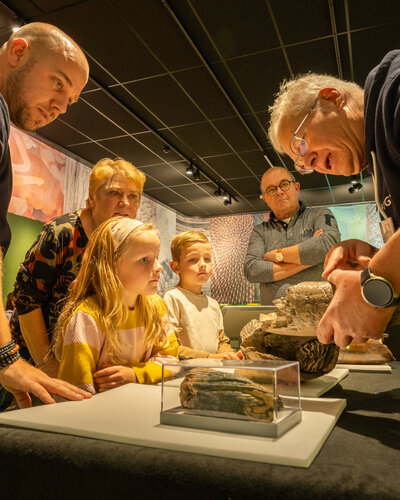 Een man die mammoetweetjes vertelt aan museumbezoekers