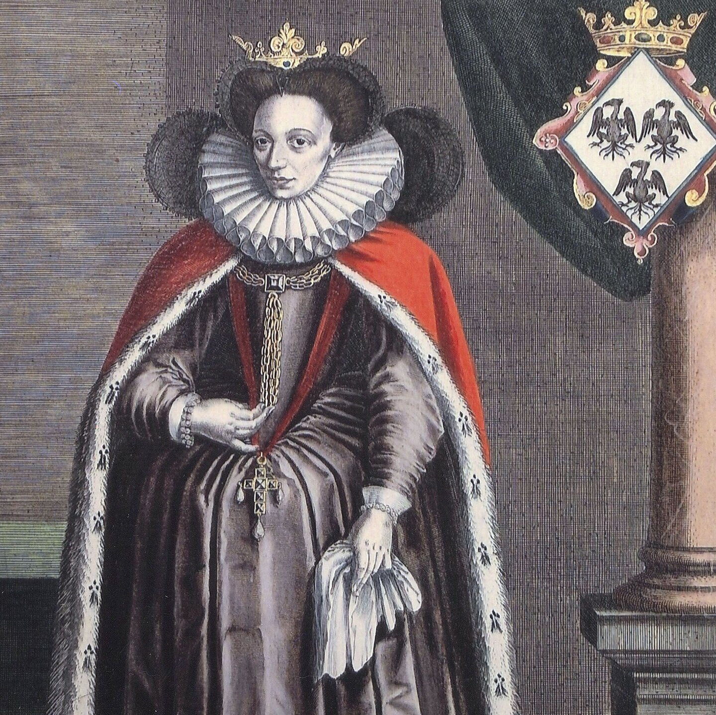 Prent van Marie de Brimeu. Ze draagt een boogkapje, met hermelijn gevoerde mantel, zware gouden keten met kruis om de hals, doekje in afhangende rechterhand, linkerhand aan keten.